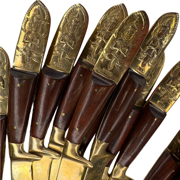 Vintage 29-Piece Handcrafted Ornate Siam Bronze Flatware Set Rosewood Handles